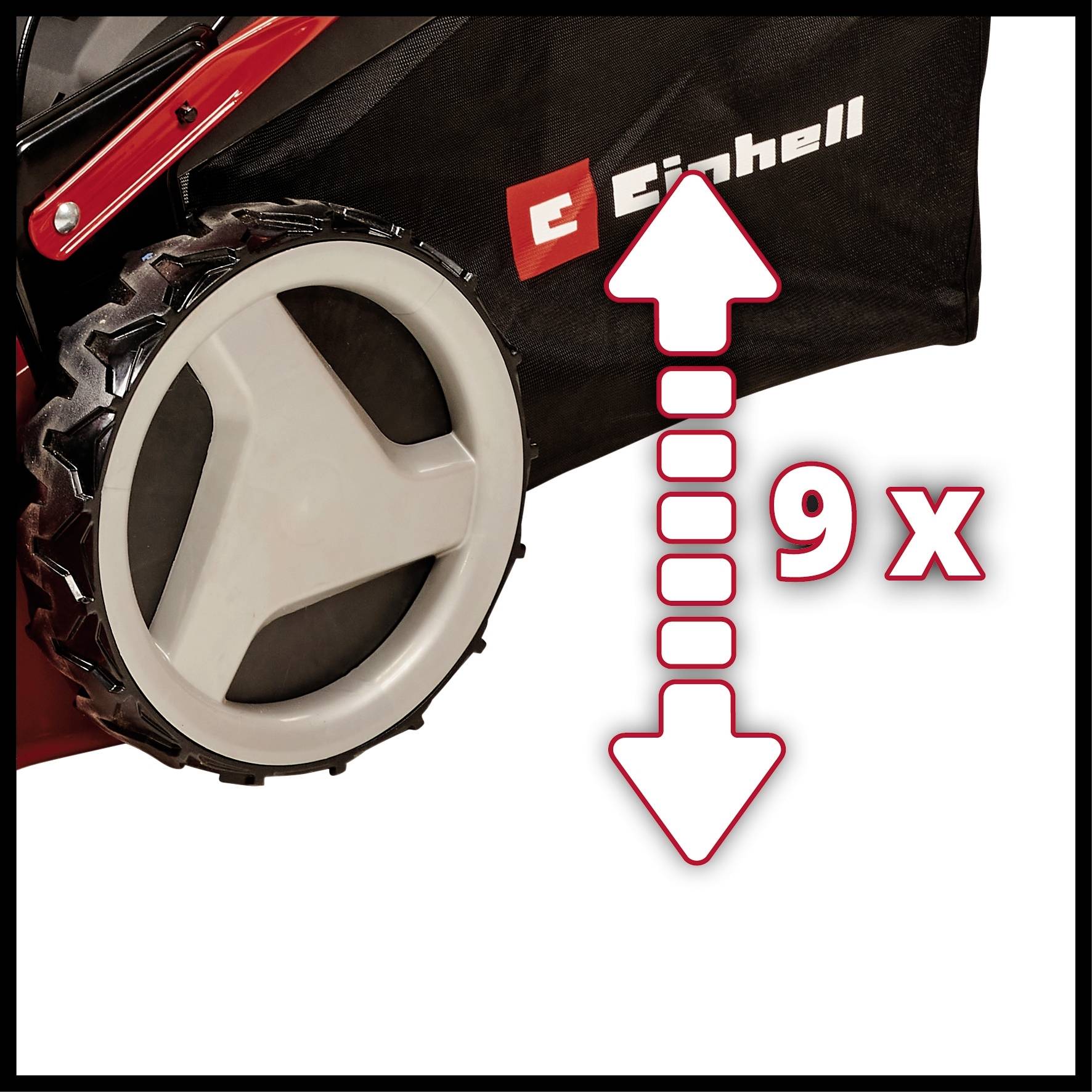 "Einhell" fűnyíró kerék bal oldalon a képen '9x' felirattal mellette.