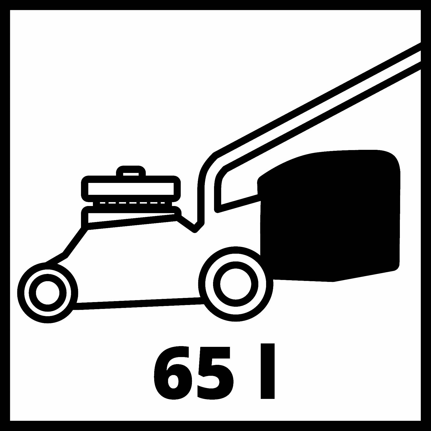 Egy 65 literes fűnyíró szimbóluma.