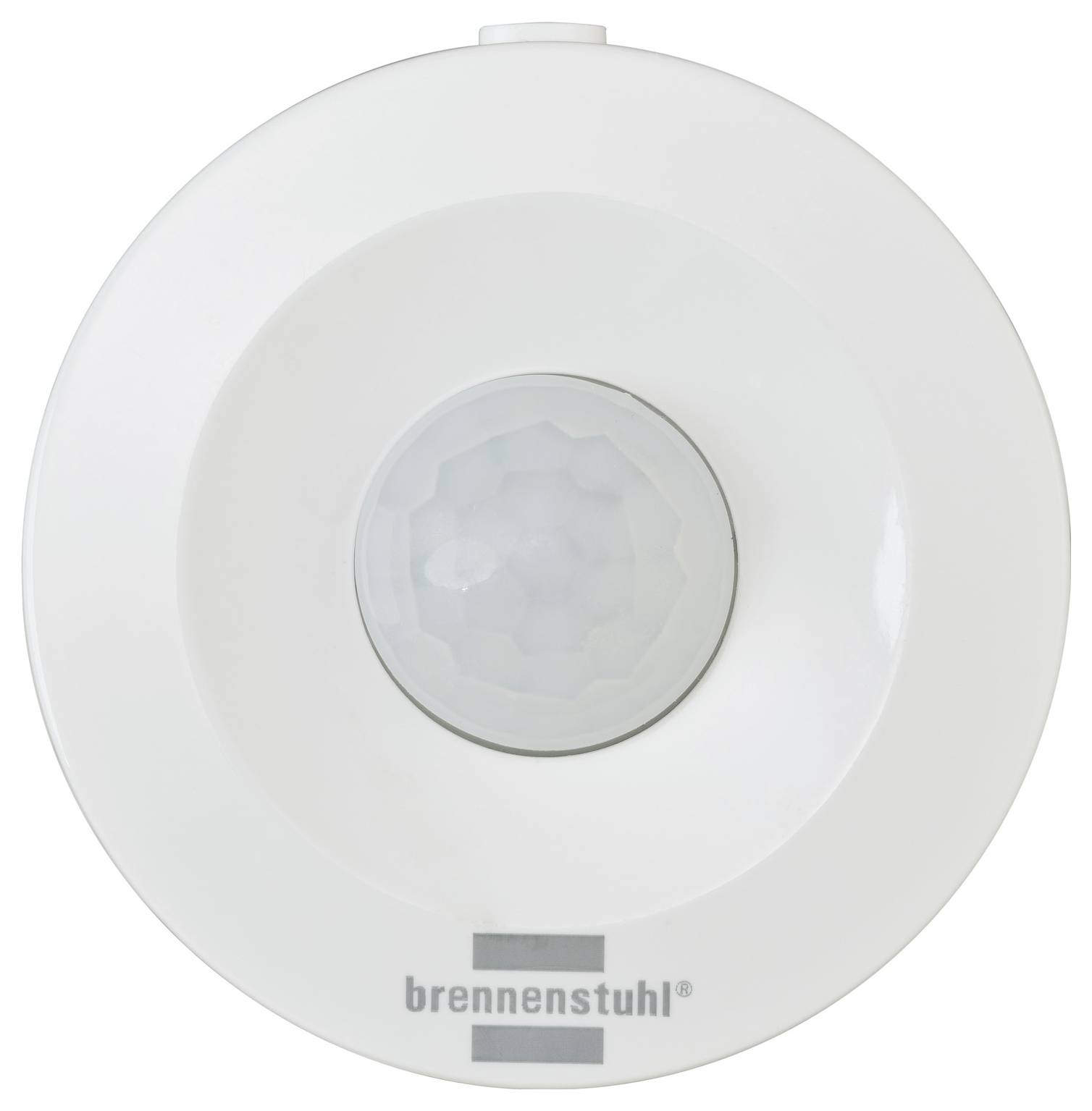 Fehér kerek mennyezeti mozgásérzékelő központi domblencséve és alsó részen lévő "brennenstuhl" logóval.