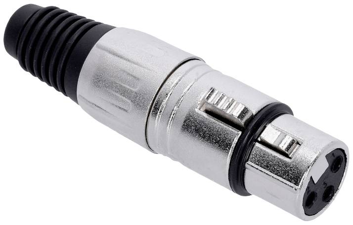 Egy ezüstös XLR-kábel csatlakozó fekete műanyag véggel, amelyet gyakran használnak hangeszközök jeljelátvitelére.