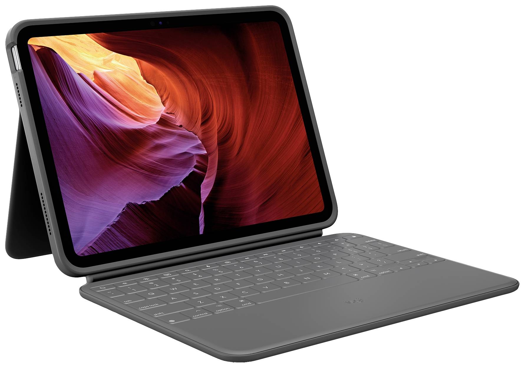 Egy levehető billentyűzettel rendelkező tablet egy tarka hullámminát képernyőjén.