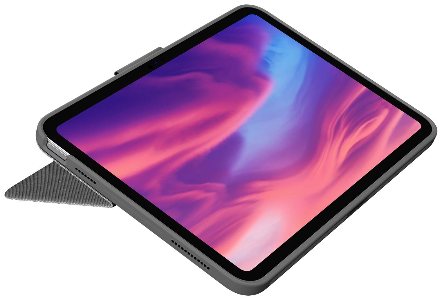 Egy tablet egy élénk színű kijelzővel rózsaszín és kék mintázatokat mutat.