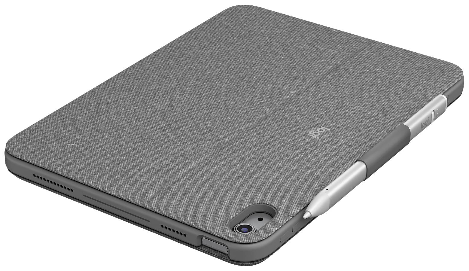 Egy tablet szürke borítóval és rajta lévő tollal, hátoldalával felfelé fekszik.