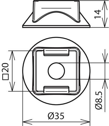 Műszaki rajz egy tartóról méretekkel: magasság 14 mm, szélesség 20 mm, átmérő 35 mm, furatátmérő 8,5 mm.