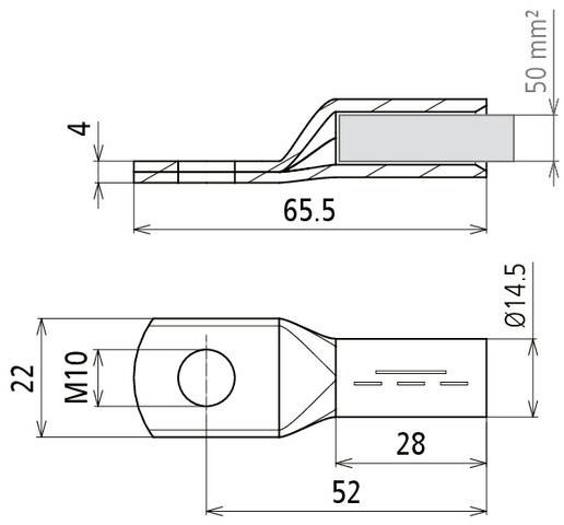 Fémvázas kábelsaru műszaki rajza. Méretezés: hosszúság 65,5 mm, szélesség 22 mm, csatlakozólyuk M10, átmérő 14,5 mm.