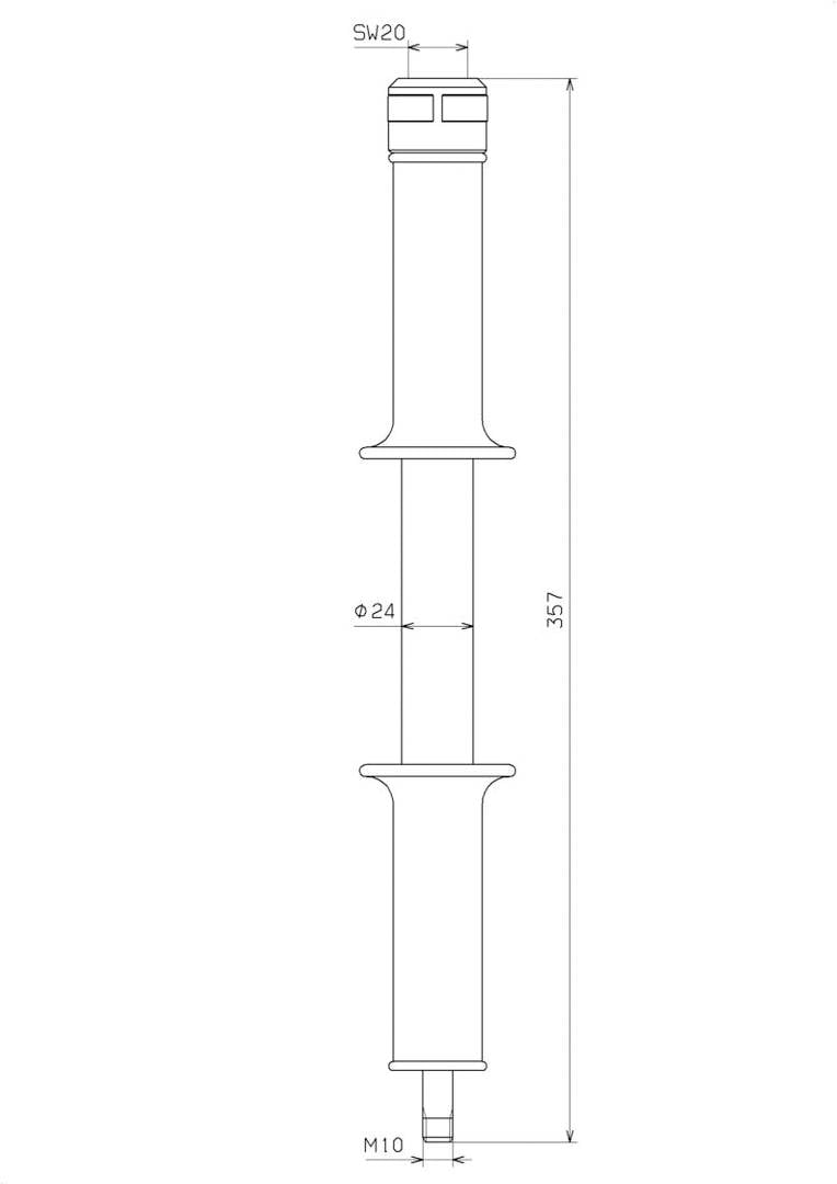 Műszaki rajz egy csavarról, amelynek méretei fent SW20 és lent M10. Teljes hosszúság 357 mm, átmérő 24 mm a közepén.