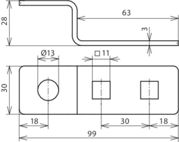 Műszaki rajz egy fémszögről méretezéssel: 99 mm hosszú, 30 mm széles, 28 mm magas. Furat átmérője 13 mm, két négyzet 11 mm-es oldalhosszal.