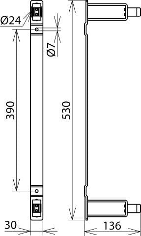 Műszaki rajz egy téglalap alakú alkatrészről a következő méretekkel: hosszúság 530 mm, magasság 30 mm, szélesség 136 mm. Két kerek csatlakozó Ø24 mm és Ø7 mm átmérővel.