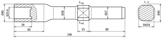Egy alkatrész műszaki rajza méretekkel: teljes hosszúság 246 mm, átmérő 40 mm és 34 mm különböző helyeken.