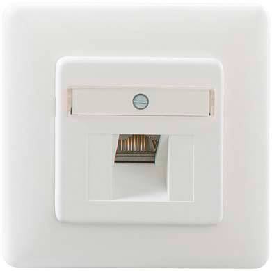 Hálózati fali csatlakozóaljzat RJ45 foglalattal, Ethernet-kapcsolatokhoz alkalmas. Fehér borítás központi csatlakozási ponttal.