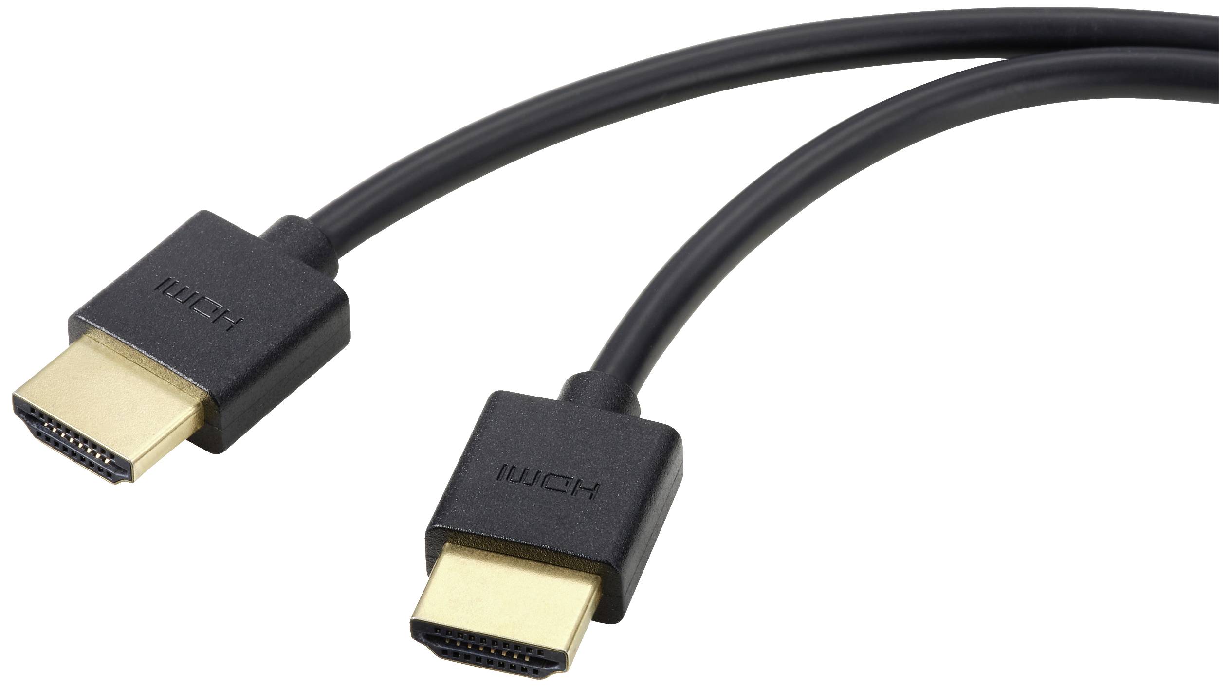 Két fekete HDMI-kábel aranyszínű csatlakozókkal egymás mellett fekszik egy fehér háttér előtt.