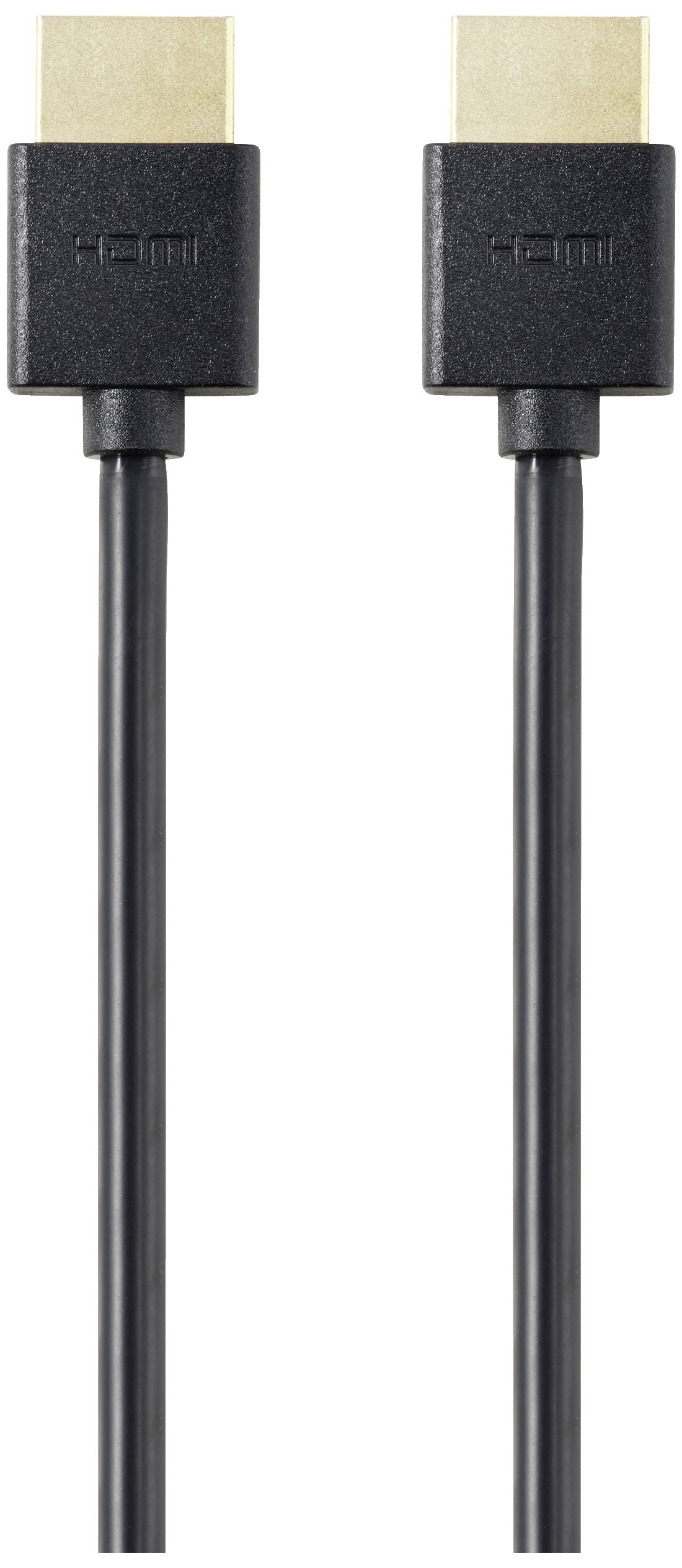 Két fekete HDMI-kábel arany csatlakozókkal egymás mellett.