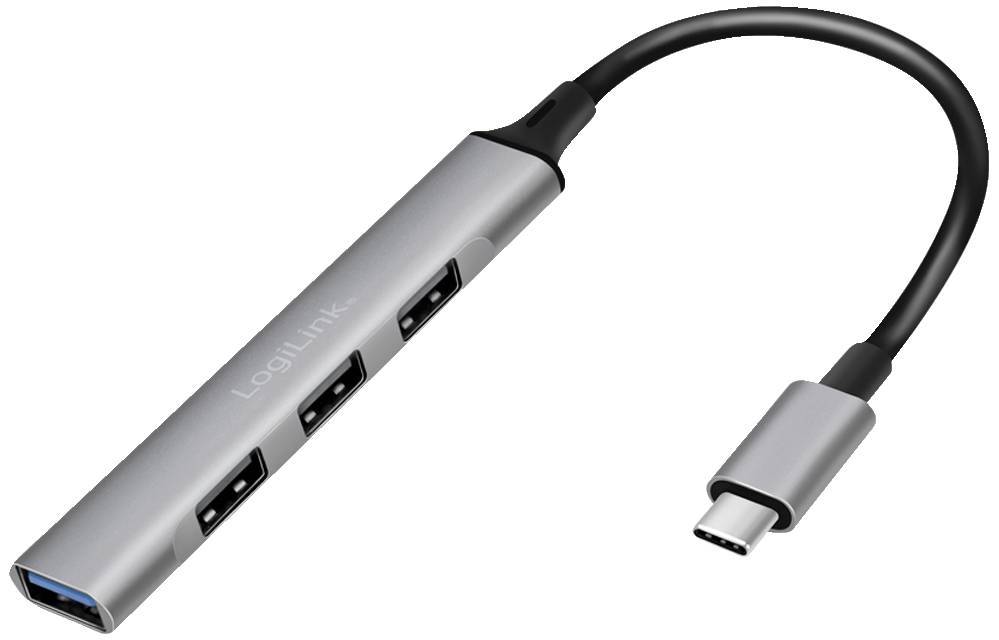 USB-C-elosztó három USB-A csatlakozóval karcsú házban. Alkalmas laptopok csatlakozási lehetőségeinek bővítésére.