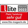 'Lite Magazin' logó 'Tesztértékelés 2023' felirattal, szöveg 'Ár/érték arány nagyon jó', weboldal 'www.lite-magazin.de'.