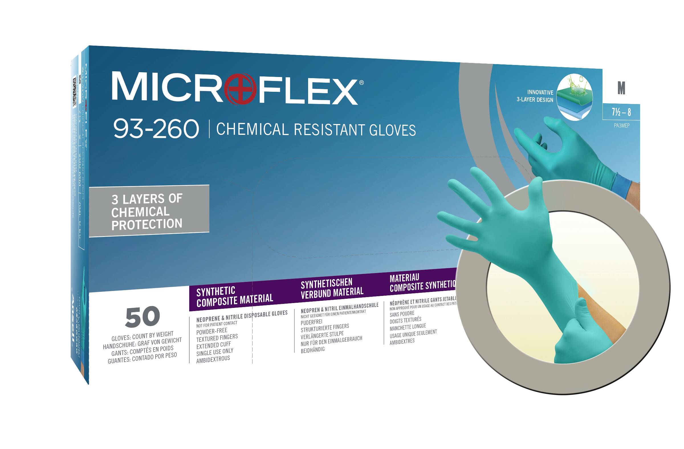 A 'MICROFLEX 93-260' vegyszerálló kesztyű csomagolása egy pár zöld kesztyűt mutat, M méretben, 50 darabos kiszerelésben.