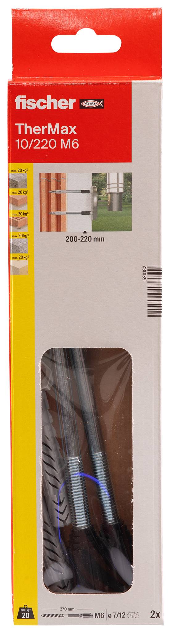 Fischer TherMax 10/220 M6 hőszigetelés-rögzítő szett csomagolása, amely 200-220 mm hosszúságot és 2 darabot mutat.