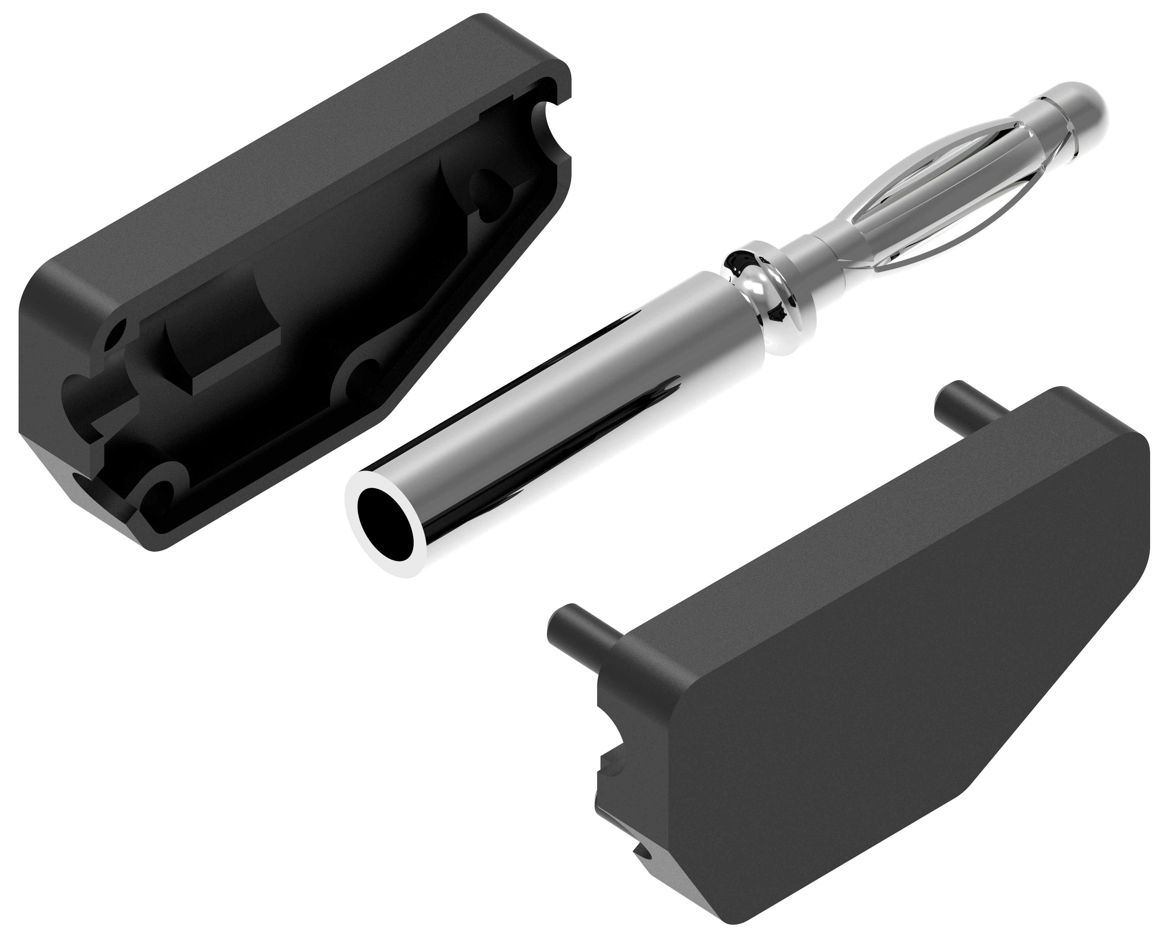 Egy fémhorgony két fekete műanyag alkatrésszel. A horgony szétszerelt állapotban tűnik, és szerelési célokra alkalmas.