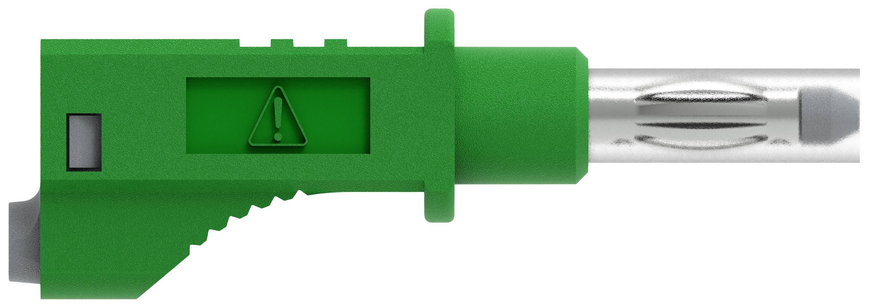 Zöld, téglalap alakú adapter dugó ezüstös fém betéttel és figyelmeztető szimbólummal az oldalán.