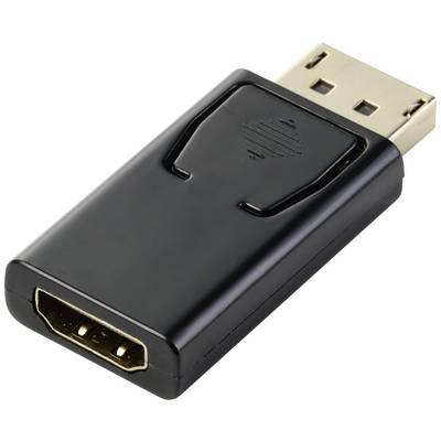 Egy fekete adapter, amelynek az egyik oldalán DisplayPort csatlakozó, a másik oldalán pedig HDMI aljzat található.