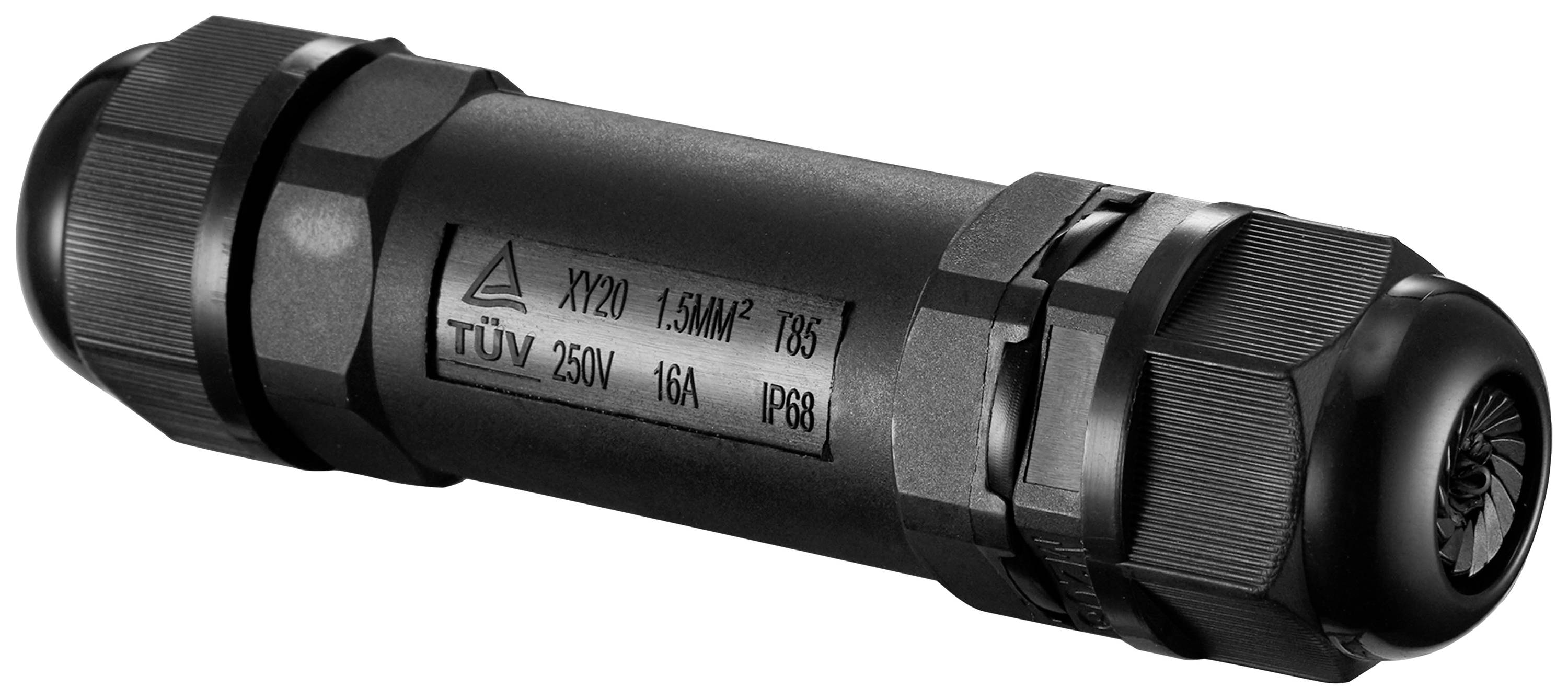 Fekete kábelösszekötő 'TÜV' felirattal, műszaki részletek: XY20, 1,5 mm², 250 V, 16 A, IP68. Kültéri felhasználásra alkalmas.