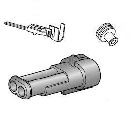 Három elektromos csatlakozóelem illusztrációja: ház, érintkező és tömítés. Külön-külön ábrázolva, de egymáshoz tartozóan.