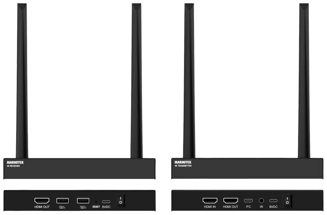 Két vezeték nélküli TV adó- és vevőkészülék, egyenként két antennával, HDMI-csatlakozókkal és tápegység aljzatokkal, egymás mellett elhelyezve.