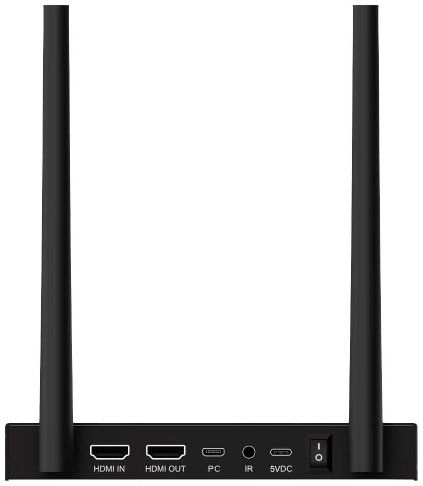 Egy fekete hálózati router két antennával. A hátoldalán HDMI BE, HDMI KI, PC, IR és tápellátási csatlakozók találhatók.