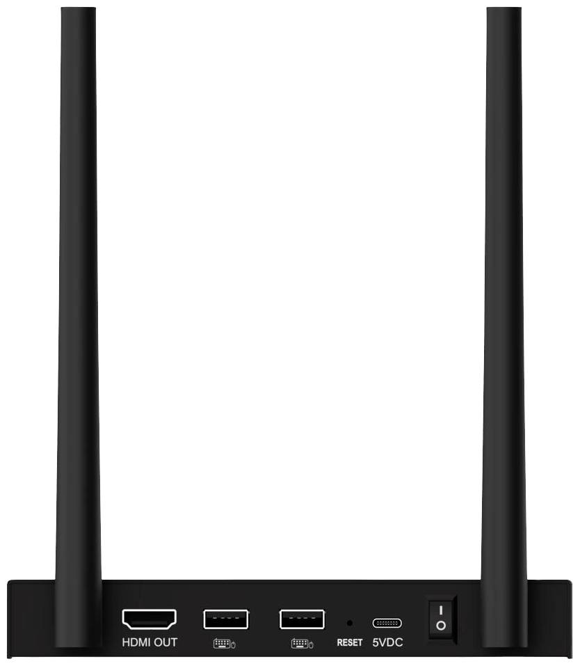 Egy fekete hálózati router hátulnézete két antennával és csatlakozókkal, úgymint HDMI OUT, két USB-port, visszaállító gomb és 5VDC.