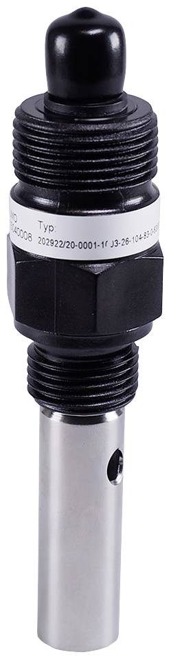 Egy hengeres érzékelő vagy szenzor fémes és fekete műanyag részekkel. A típusmegjelölés egy címkén látható.