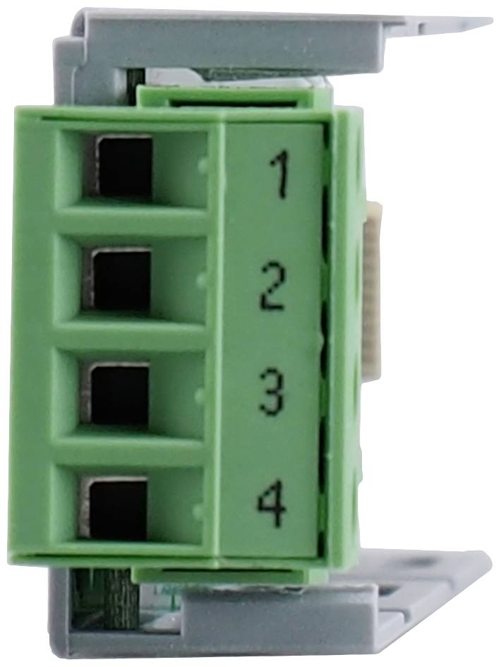 Egy zöld, téglalap alakú elektromos csatlakozóblokk, 1-től 4-ig számozott kapcsokkal, szürke házba szerelve.