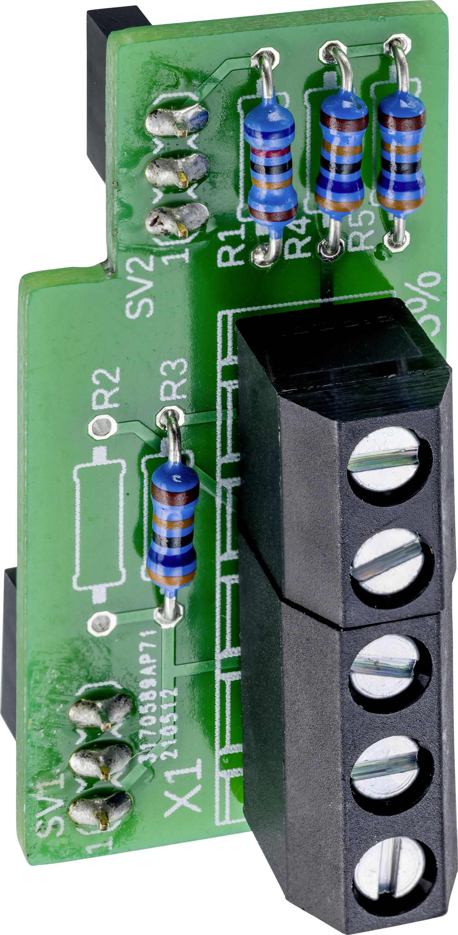 Elektronikus kapcsolómodul zöld nyomtatott áramköri lappal, rajta kék ellenállásokkal és fekete csatlakozósorral a jobb oldalon.