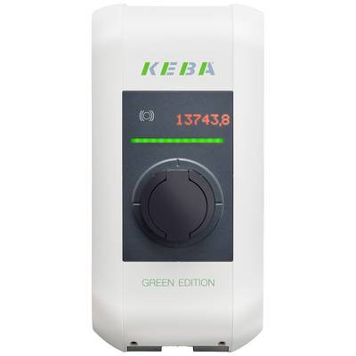 Töltőállomás kijelzője a '13743,8' számot mutatja. Felül a 'KEBA' logó, alul a 'GREEN EDITION' felirat.