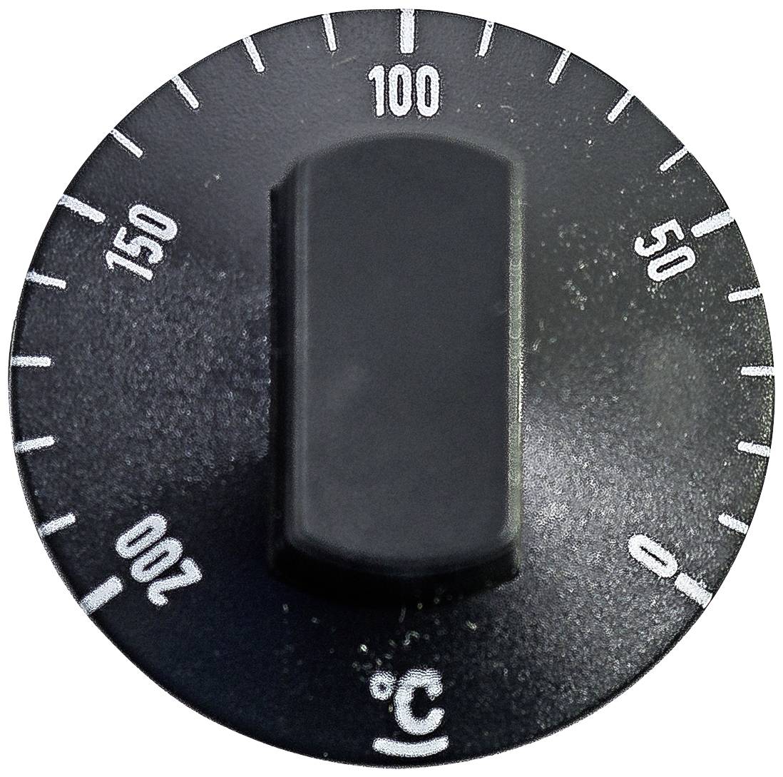 Egy fekete forgatógomb egy hőmérsékleti skálán, Celsius-fokban, 50-től 200-ig terjedő skálán. A gomb 100 fokra van beállítva.
