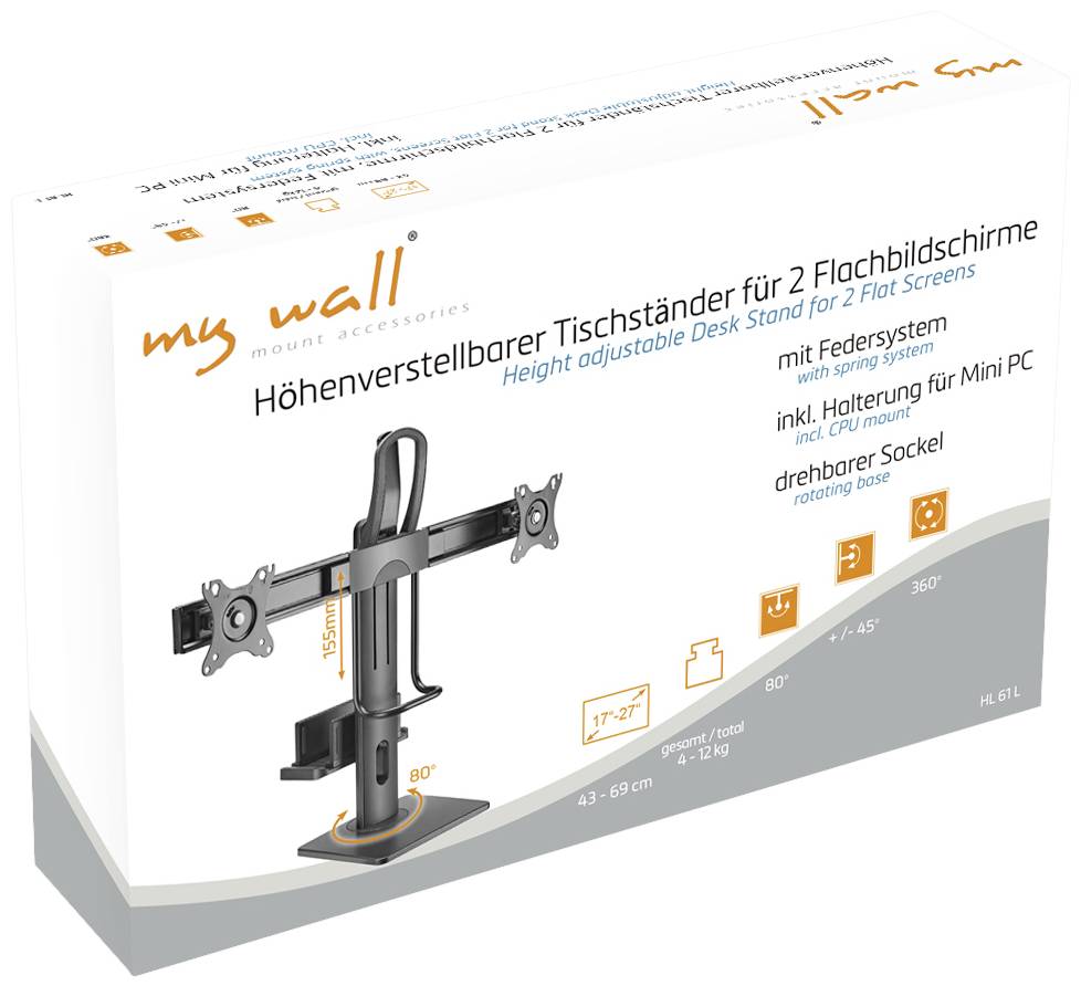 Magasságállítható asztali konzol 2 lapos képernyőhöz, mini PC tartóval, my wall. 360 fokig forgatható.