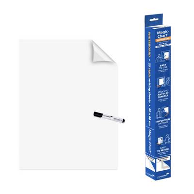 Plakát öntapadó whiteboard matricákkal, amelyek sima felületekre tapadnak. A jelölés mutatja a könnyű felhelyezést és újrafelhasználhatóságot.