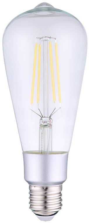 Egy Edison-típusú izzólámpa látható szálakkal és E27-es foglalattal. A lámpa körte alakú.