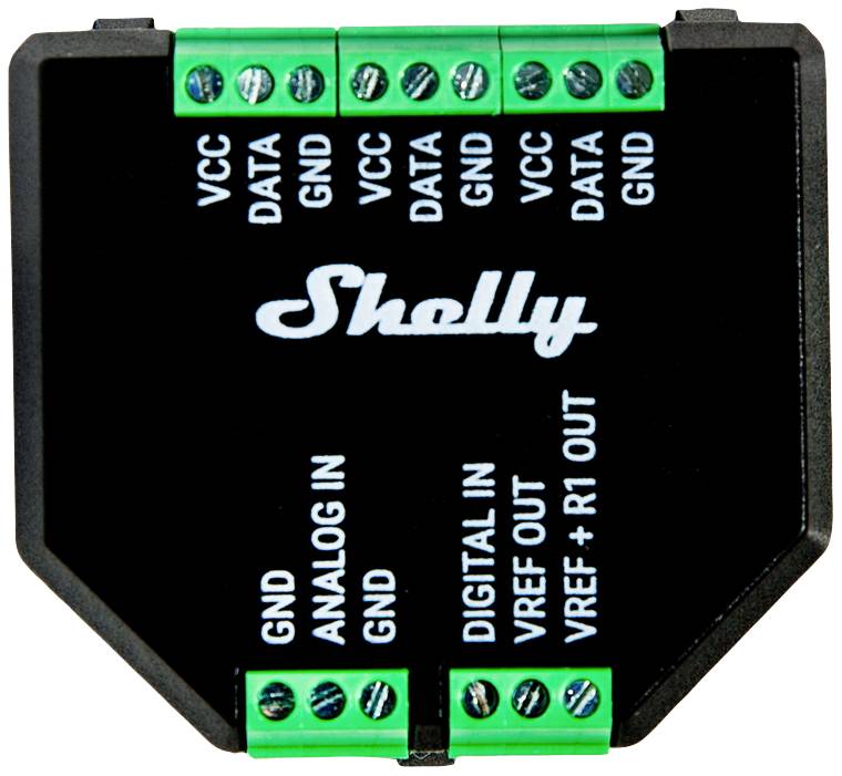 Egy fekete elektromos modul zöld csatlakozókkal és fehér 'Shelly' felirattal. Felül: VCC, DATA, GND; alul: ANALOG BE, DIGITÁLIS BE, VREF KI, R1 KI.