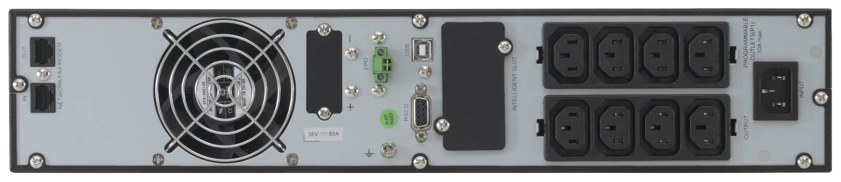 Egy műszaki eszköz hátoldala, rajta egy ventilátorral, több csatlakozóaljzattal és csatlakozóval.