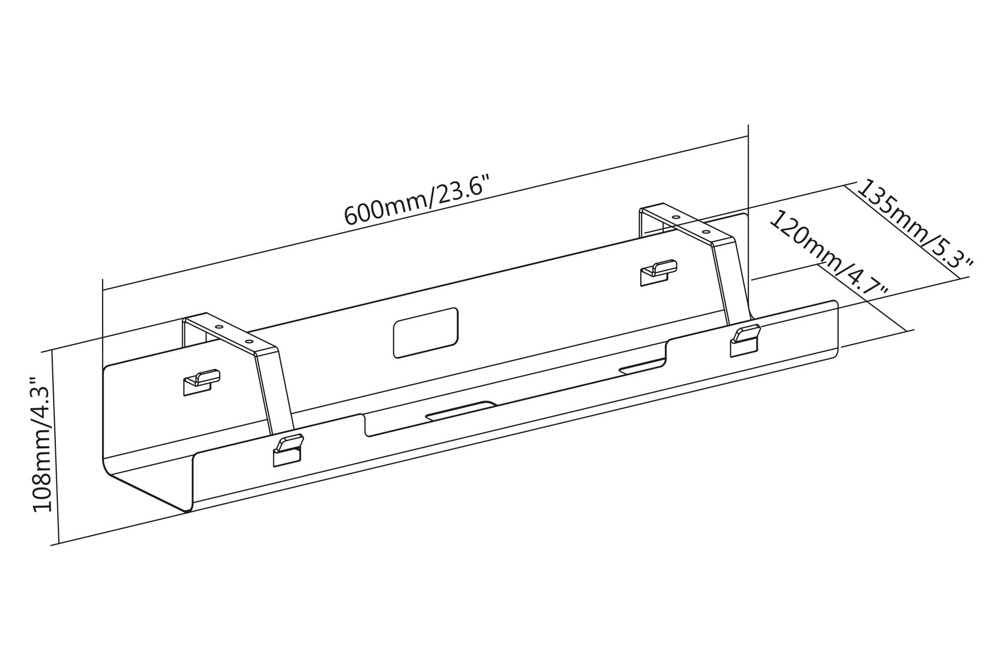 Egyszerű vonalas rajz egy téglalap alakú polcról, méretei: 600 mm széles, 135 mm mély, 108 mm magas, fali rögzítésre alkalmas.