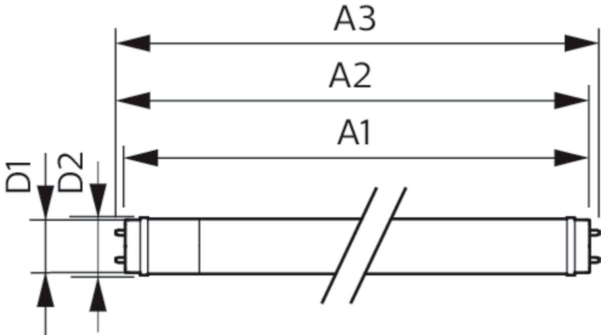 Egy hengeres tárgy műszaki rajza, amely tartalmazza a D1, D2, A1, A2, A3 méreteket, amelyek a átmérőt és a hosszúságot jelölik.