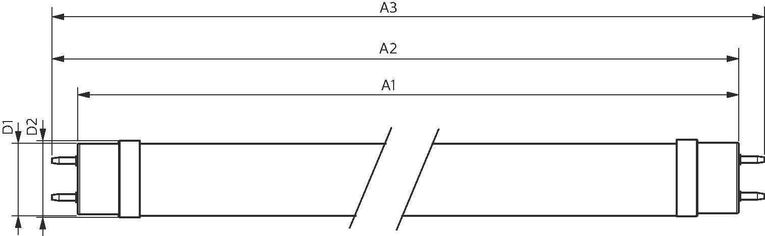 Egy fénycsőtípus méretrajza a következő méretjelöléssel: A1, A2, A3 hosszméretek és D1, D2 átmérők a csővégeken.