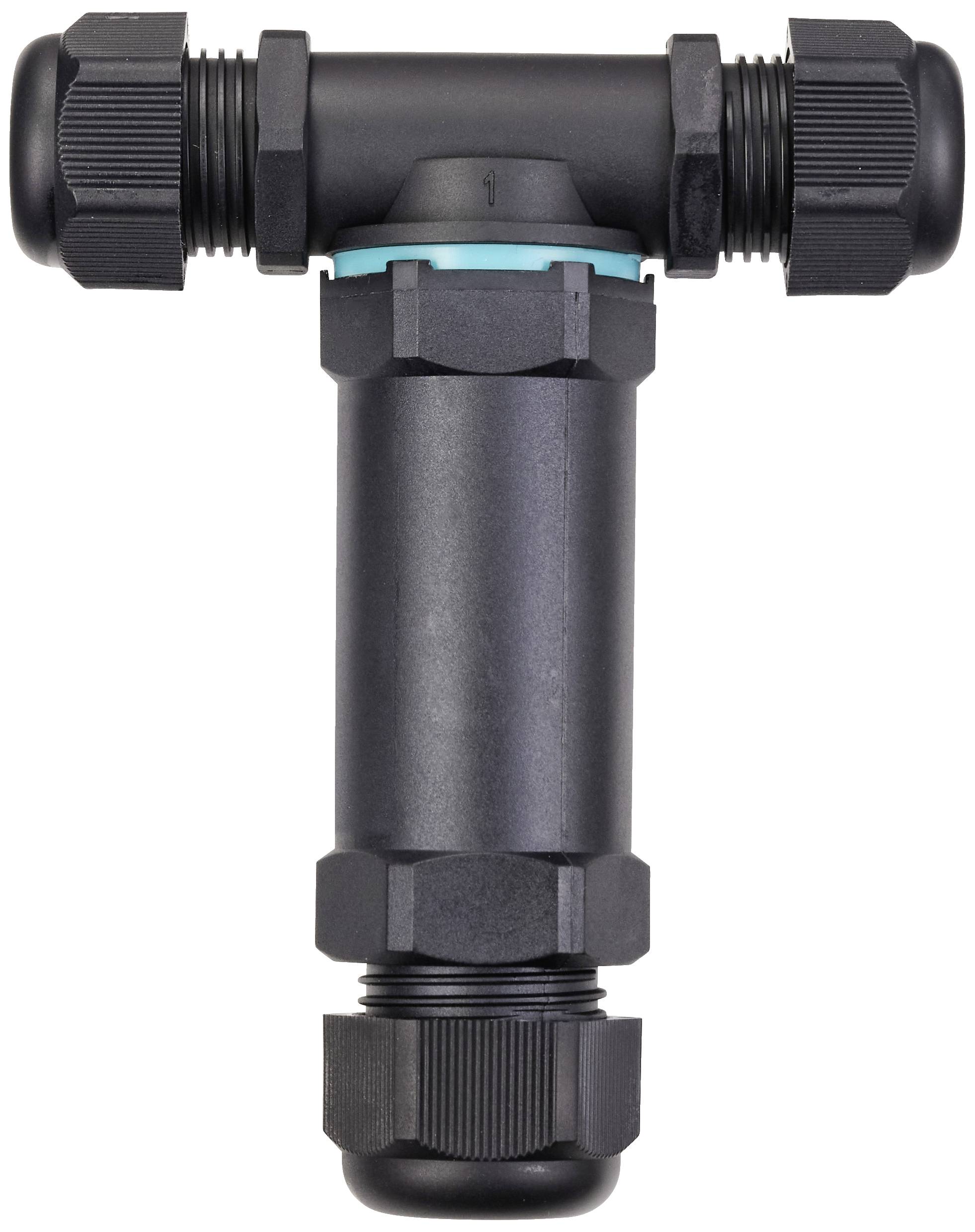 Egy fekete műanyag T-elágazó kék tömítésekkel és csavaros zárókupakokkal. Csövek összekapcsolására használják.