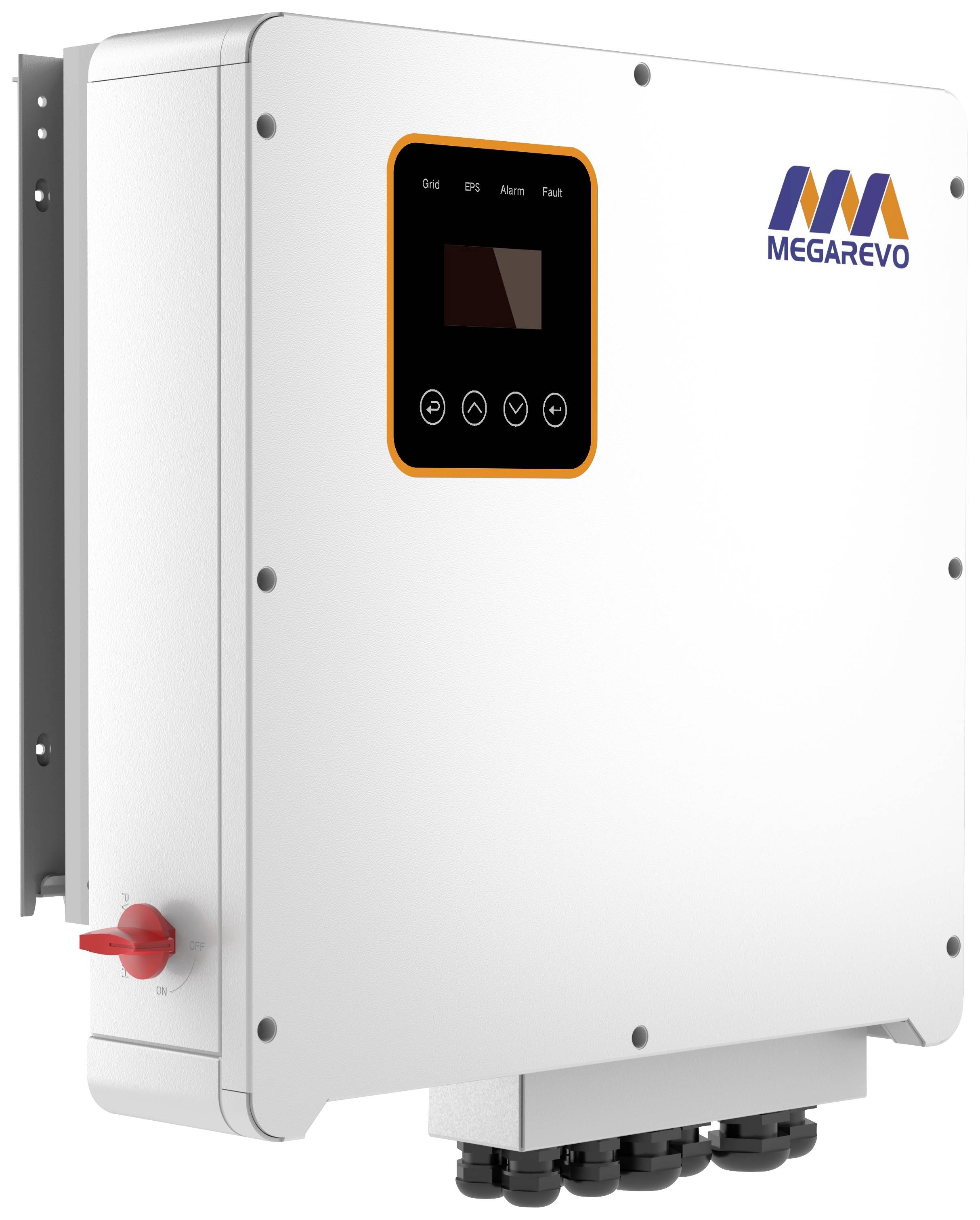 Egy fehér elektromos eszköz digitális kijelzőfényekkel és egy oldalsó kapcsolóval, amelyen a 'MEGAREVO' logó látható.