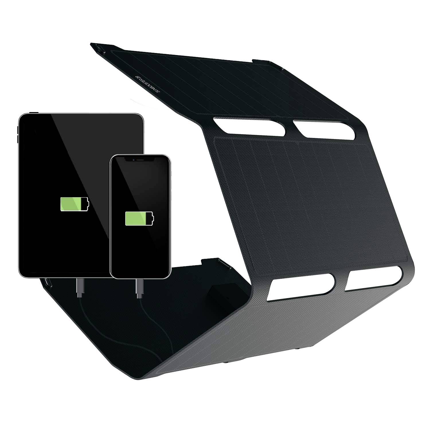 Hordozható napelemes panel két USB-töltővel, amely teljes töltöttségi állapotot mutat egy okostelefon és egy tablet számára.