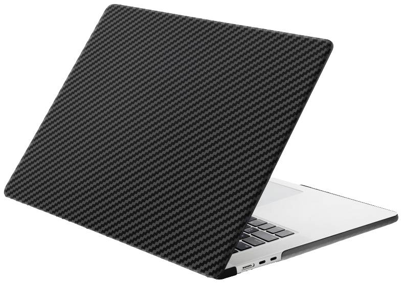 Egy nyitott laptop, amelynek képernyője mögött fekete, textúrázott felület látható. A billentyűzet részben látszik.