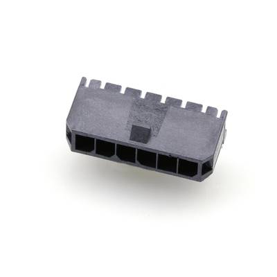 Egy fekete, hatpólusú Molex csatlakozó számítógépes komponensek csatlakoztatásához. Téglalap alakú, hat csatlakozási ponttal rendelkezik.