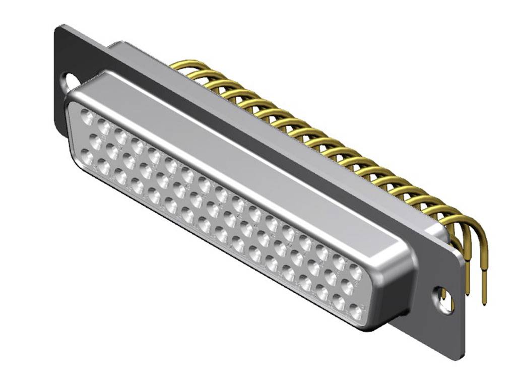 Egy D-Sub csatlakozó számos érintkezővel, elektronikai csatlakozásra alkalmas, oldalról látható téglalap alakú elrendezésben.