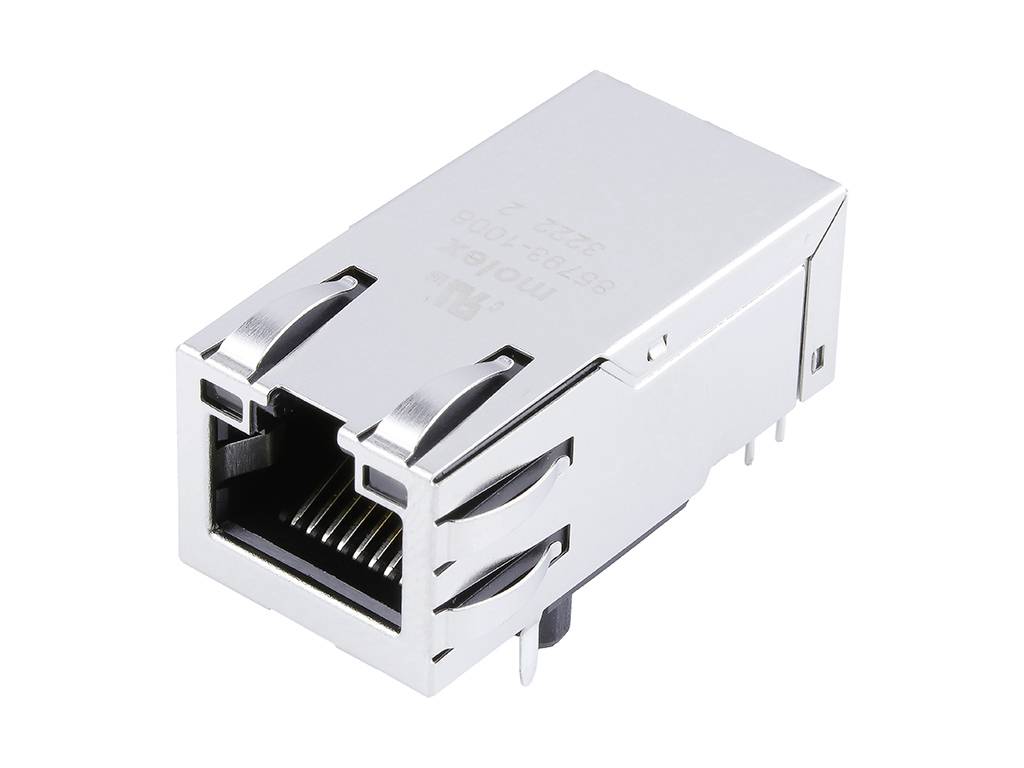 Egy RJ45-es hálózati csatlakozó, fémes csillogású, oldalra fektetve. Alkalmas Ethernet-kapcsolatokhoz számítógépek és hálózati eszközök között.
