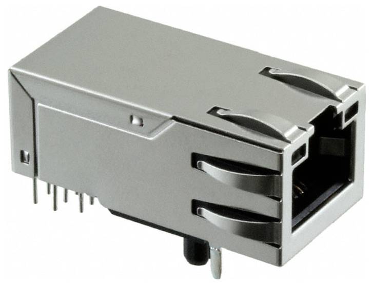 Fémes RJ45 csatlakozó Ethernet-kábelekhez, ezüstszínű házatással és több csatlakozófejjel a nyomtatott áramköri lapra történő csatlakoztatáshoz.