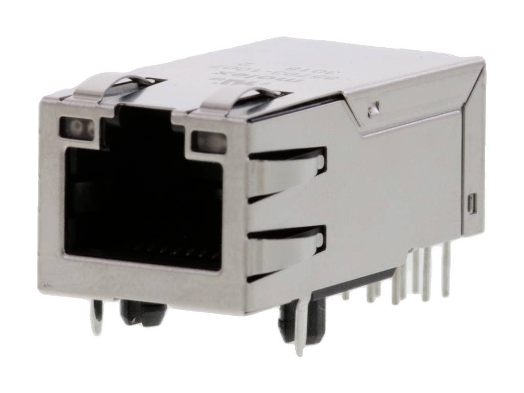 Egy fémházas RJ45 Ethernet csatlakozó, amelyen láthatók az érintkezőpontok és a rögzítőkapcsok. Alkalmas hálózati csatlakozásokhoz.
